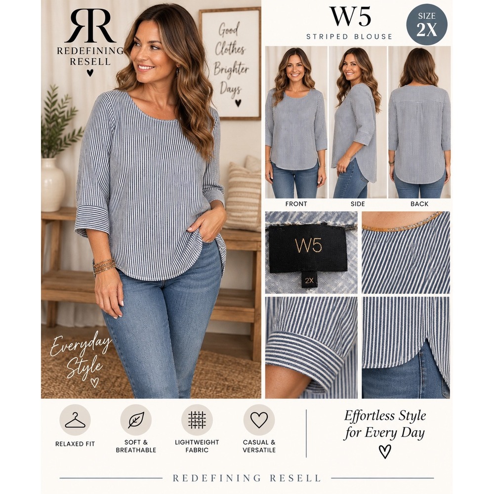 W5 Womens Navy White Striped Relaxed Fit 3/4 Sleeve Blouse Size 2X